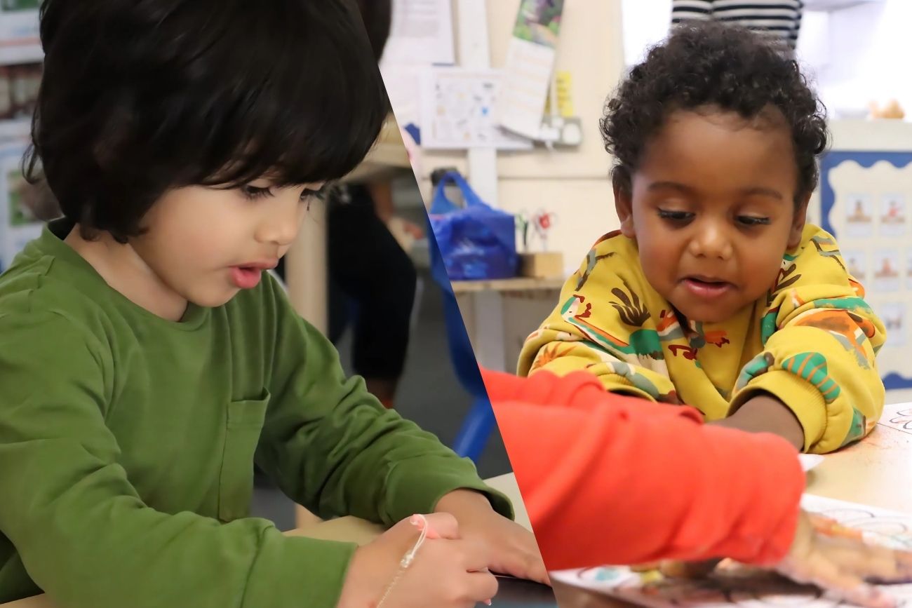 two children from Budding Learners doing each a Montessori activity